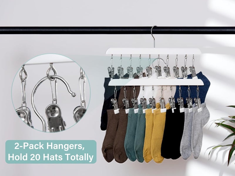 StorageWorks Hat Rack, Closet Organizer and Storage for Baseball Caps,Set of 2 with 10 Adjustable Stainless Steel Clips, Fits All Caps, White - Image 5